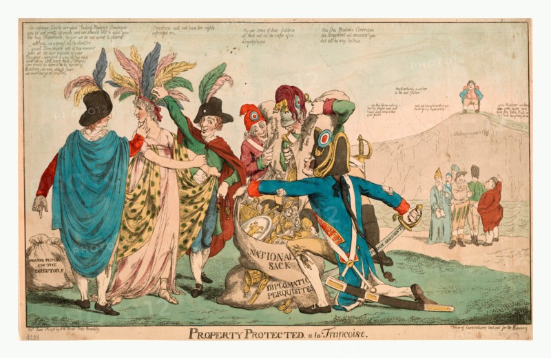 Property protected--Ã  la FranÃ§oise, British satire of Franco-American relations after the XYZ Affair in May of 1798; 5 Frenchmen plunder female America, while five figures representing other European countries look on. John Bull sits laughing on Shakespeare's Cliff.