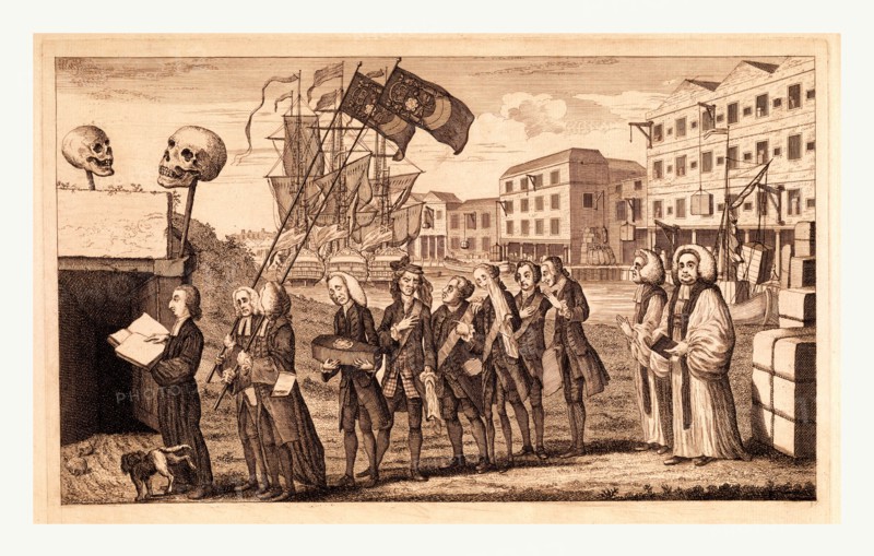The repeal or the funeral of Miss Ame=Stamp, en sanguine engraving 1766, a funeral procession on the banks of the Thames, with warehouses in a line in the background, one of which is inscribed The Sheffield and Birmingham Warehouse Goods now ship'd for America. George Grenville carrys coffin inscribed Miss Ame-stamp B. 1765 died 1766. On the quay are two large bales, one of which is inscribed, Stamps from America, i.e., stamps returned to England as no longer needed, because of the repeal of the Stamp Act. The other is marked, black cloth from America, intended for the funeral procession which follows.
