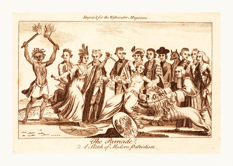 The parricide A sketch of modern patriotism, en sanguine engraving, a woman wearing a feathered headdress, representing America, stepping on Britannia's broken spear and shield, she lunges from the left, at the direction of John Wilkes, toward Britannia who is being restrained by two men, at the same time the British lion lunges from the right, guided by Lord Camden. Several ministers assist with the parricide, and on the far left, Discord, an old medusa-like hag, raises two torches in victory. An abyss appears to be opening at Britannia's feet.