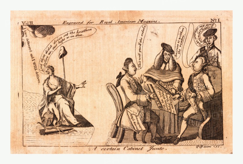 A certain cabinet junto, en sanguine engraving 1775, King George III, speechless (his caption balloon is empty), seated on the right in a high-backed chair at a table, with Lord North seated opposite presenting a paper to the King that states for the total abolition of Civil & Religs liberty in America and says, This will quell the rebels; standing behind the table is a man wearing clerical robes who adds, America is within the realm; and a man, probably Lord Bute, wearing a tam o'shanter, is standing behind the King's chair. A female figure is seated at the far left, holding a staff topped with a liberty cap, at her feet are a bow and a quiver of arrows, and Britannia's shield; she speaks toward the heavens Lord thou didst drive out the heathen before us, our hope is in thee, to which a reply issues from the clouds above, I have delivered and I will deliver.
