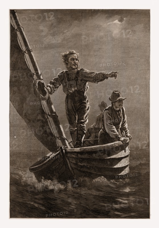 SIGHTING THE TRAWL BUOY.â€îDRAWN BY J. G. BROWN, 1880, 19th century engraving, USA, America