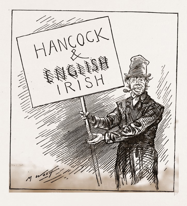 Hancock and English Irish, EXULTANT TAMMANYITE. " Begorra, the ticket shpakes for itself !", 1880, 19th century engraving, USA, America