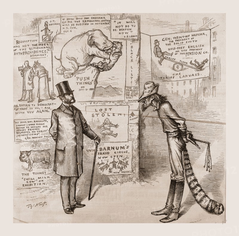 THE NORTH MEANS BUSINESS. NORTH TO SOUTH. "As long as you defy me with a solid front, I will NOT TURN MY BACK!"., 1880, 19th century engraving, USA, America