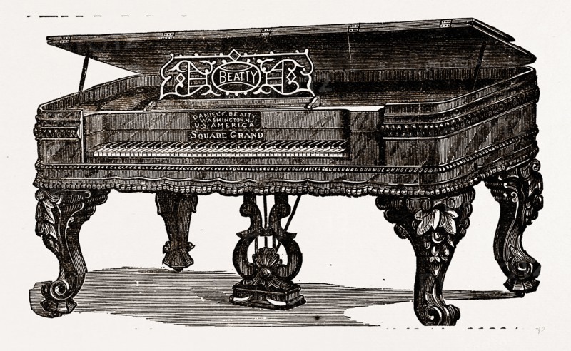 Beatty's Pianos, My price for this instrument boxed & delivered on board cars at $ 297.50 Washington, N. J.-with fine Piano Cover, Stool, Book, & Music, 1880, 19th century engraving, USA, America