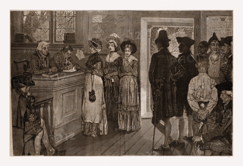 WOMEN AT THE POLLS IN NEW JERSEY IN THE GOOD OLD TIMES--DRAWN BY HOWARD PYLE., 1880, 19th century engraving, USA, America