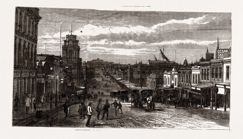 MELBOURNE 1880, VIEW IN GREAT BOURKE STREET", 1880, 19th century engraving, Australia