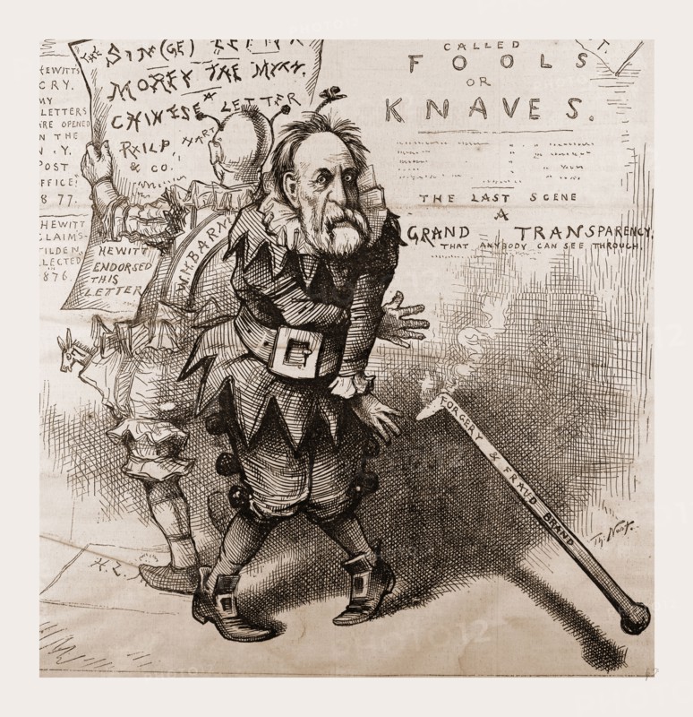 THE HEAT OF THE LAST POLITICAL CAMPAIGN. THE INNOCENT HEWITT ALWAYS GETS HOLD OF THE WRONG END., 1880, 19th century engraving, USA, America