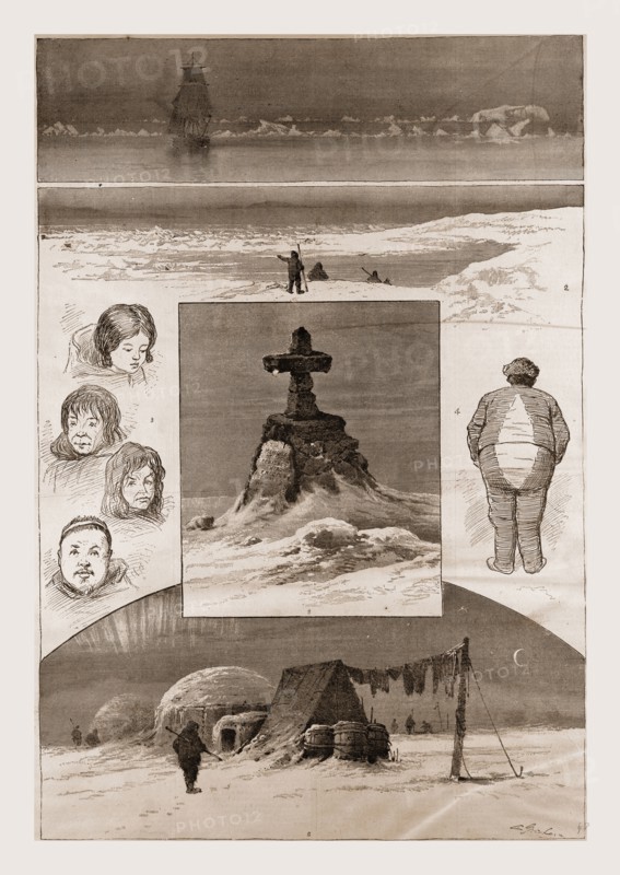 The search for Sir John Franklin, 1. Nearing the Ice-Pack. 2. Smith Point, where the Northwest Passage Ship sank. 3. Group of Portraits ; Toweeniah ; Tooktoocheer ; Ahlangyah ; Ogzeuckjuock. 4. The Mate with his " Jib Pieces." 5. Monument at Starvation Cove. 6. Winter-Quarters at Camp Daly., 1880, 19th century engraving