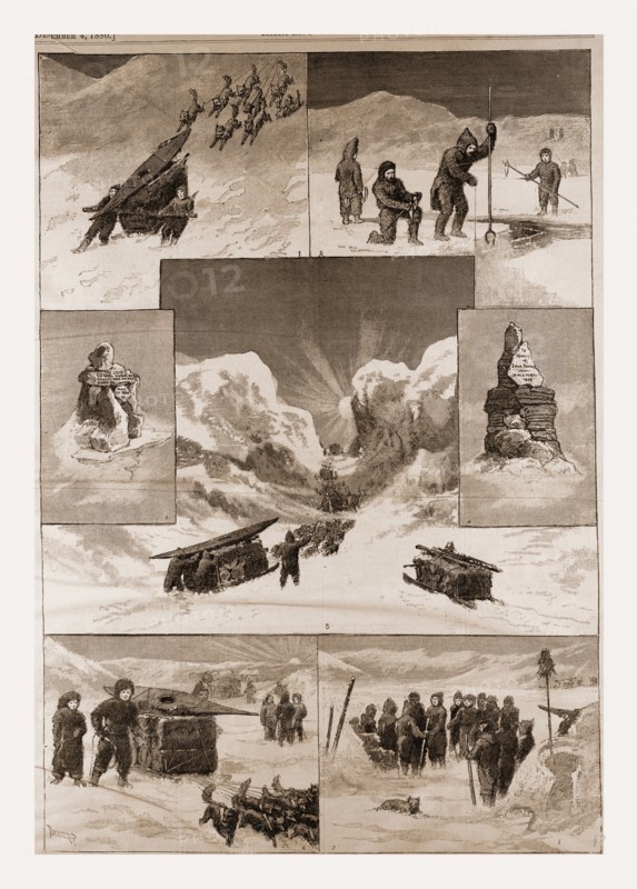 The search for Sir John Franklin, 3. Cenotaph erected by Captain Hall. 4. Lieutenant Irving's Monument. 5. Southwest Passâ€îthe Sledge Party en Route. 6. Toolooah's Sledge. 7. Meeting the Ooqueesiksilliks, 1880, 19th century engraving