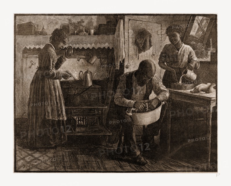 PREPARING THE THANKSGIVING DINNER.-DRAWN BY S. G. MCCUTCHEON, 1880, USA, America, 19th century engraving