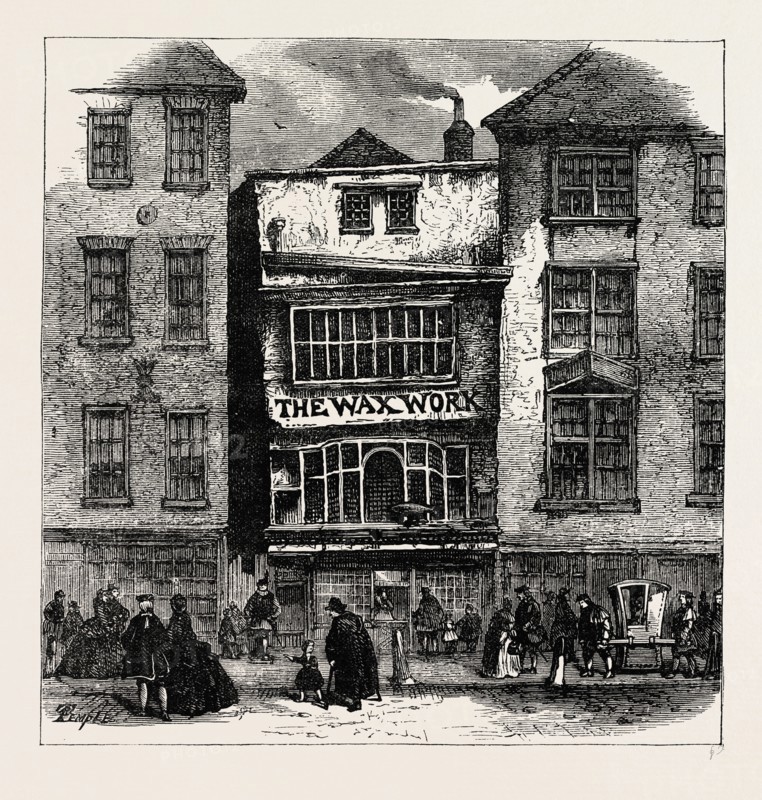 MRS. SALMON'S WAXWORK, FLEET STREET, PALACE OF HENRY VIII. AND CARDINAL WOLSEY. London, UK, 19th century engraving