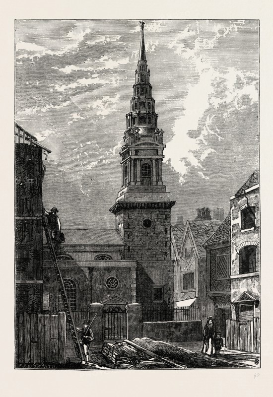 ST. BRIDE'S CHURCH, FLEET STREET, AFTER THE FIRE, 1824. London, UK, 19th century engraving