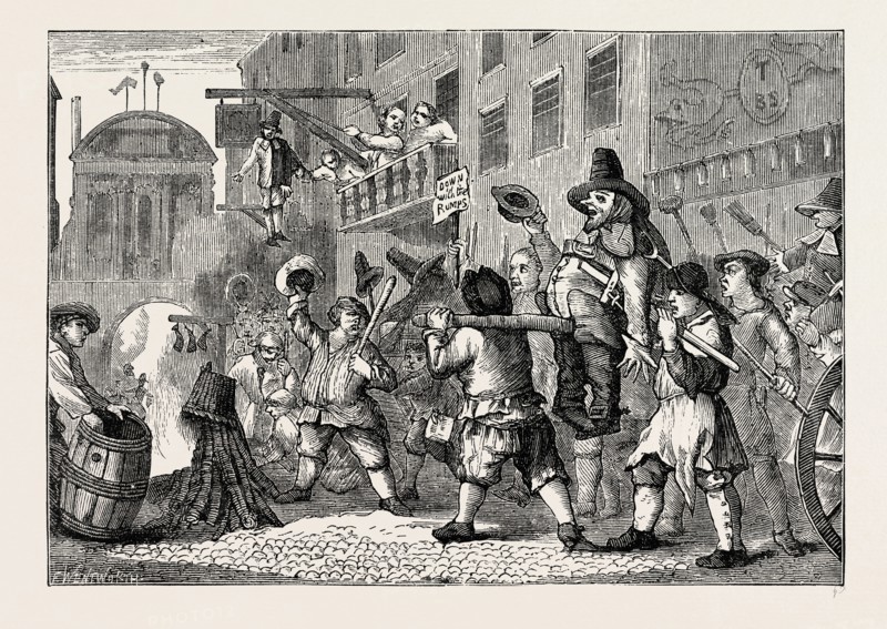 ROASTING THE RUMPS IN FLEET STREET. London, UK, 19th century engraving