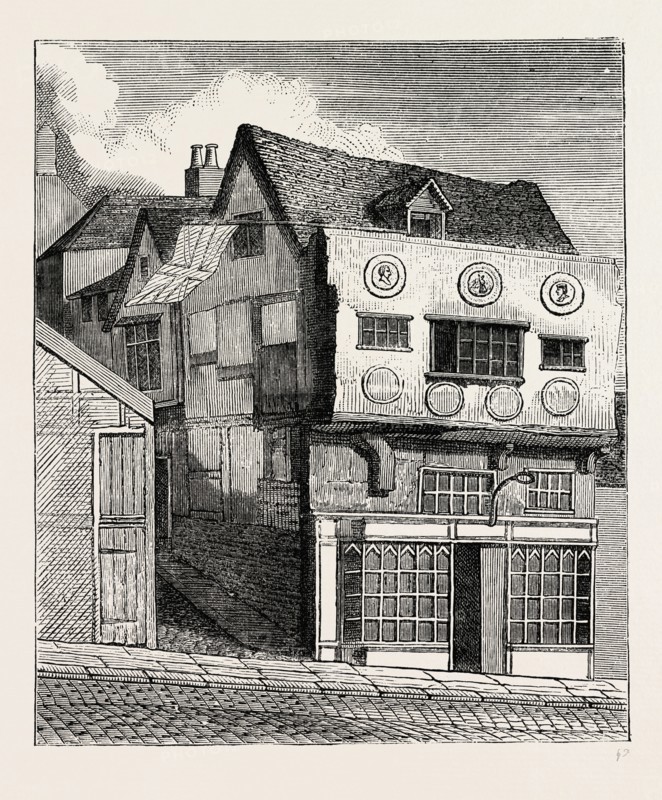 AN OLD HOUSE ON LITTLE TOWER HILL. London, UK, 19th century engraving