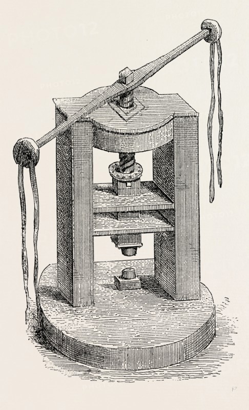 PRESS AND DIES FORMERLY USED IN THE MINT, London, UK, 19th century engraving