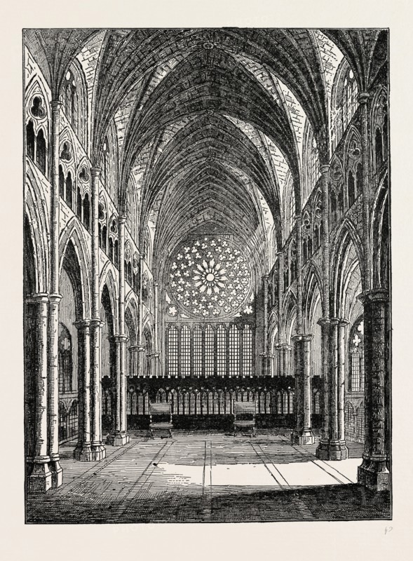 Old ST. Paul, the interior, looking east. London, UK, 19th century engraving