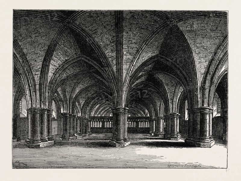THE CHURCH OF ST. FAITH, THE CRYPT OF OLD ST. PAUL'S, FROM A VIEW BY HOLLAR. London, UK, 19th century engraving