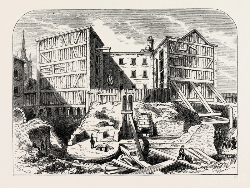 ROMAN REMAINS FOUND IN BILLINGSGATE. London, UK, 19th century engraving