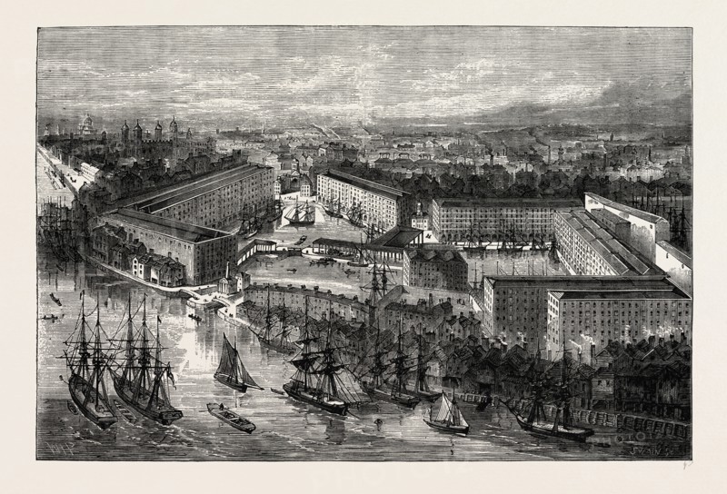 ST. KATHERINE'S DOCKS. London, UK, 19th century engraving