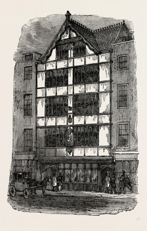 STREET FRONT OF CROSBY HALL, London, UK, 19th century engraving