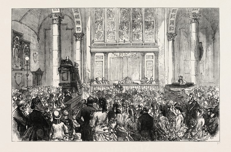 THE FLOWER SERMON IN ST. CATHERINE CREE CHURCH. London, UK, 19th century engraving
