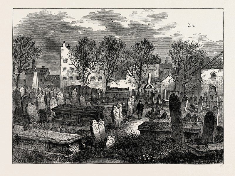 BUNHILL FIELDS BURIAL-GROUND. London, UK, 19th century engraving