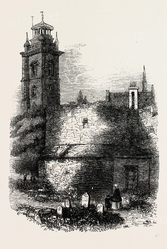 ST. GILES'S, CRIPPLEGATE, SHOWING THE OLD WALL. London, UK, 19th century engraving