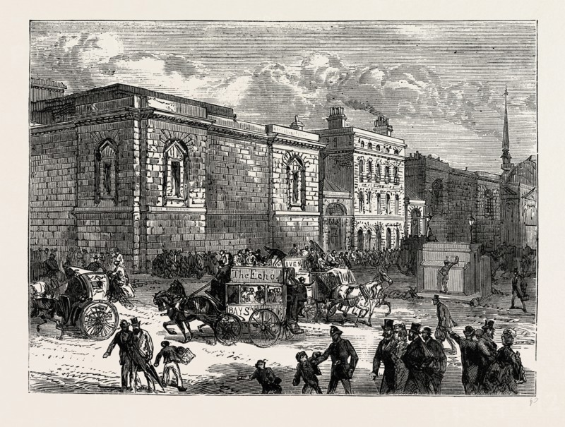 FRONT OF NEWGATE FROM THE OLD BAILEY. London, UK, 19th century engraving