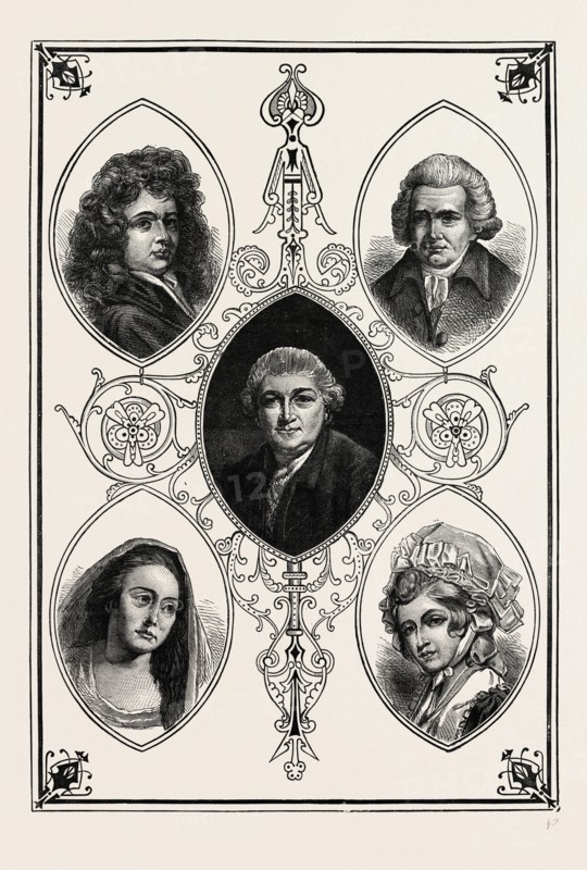 DRURY LANE CELEBRITIES. Betterson, Mrs. Pritchard, Garrick, Macklin, Mrs. Robinson, London, UK, 19th century engraving