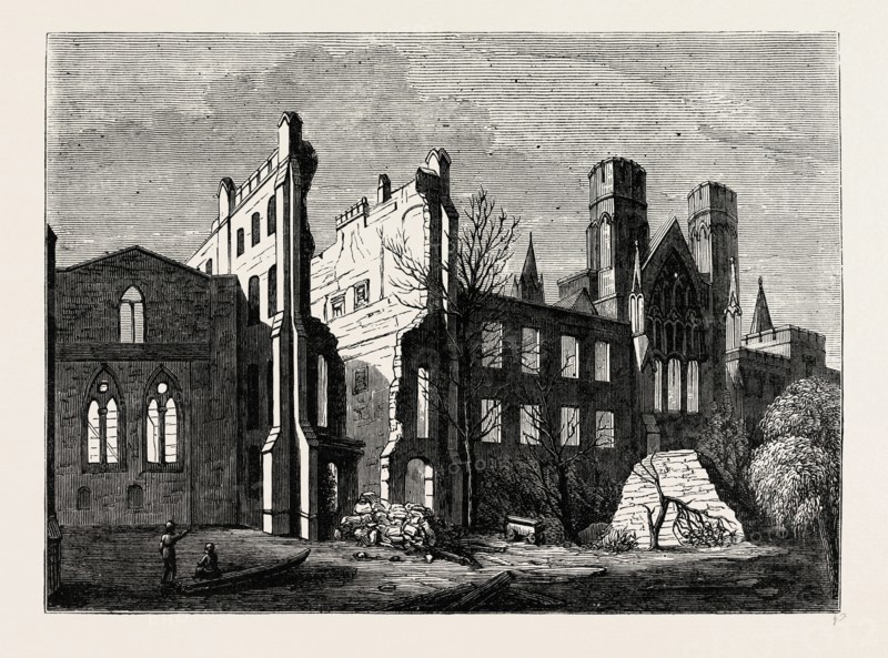 THE HOUSES OF PARLIAMENT AFTER THE FIRE, IN 1834. London, UK, 19th century engraving