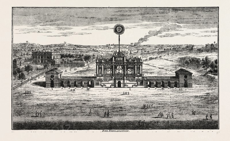 Public fireworks, 1748, London, UK, 19th century engraving