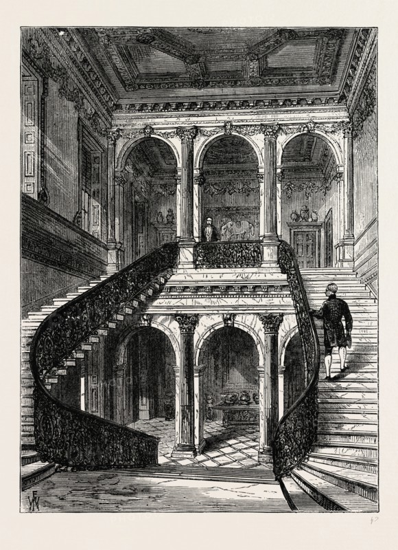 THE GRAND STAIRCASE, CHESTERFIELD HOUSE. London, UK, 19th century engraving