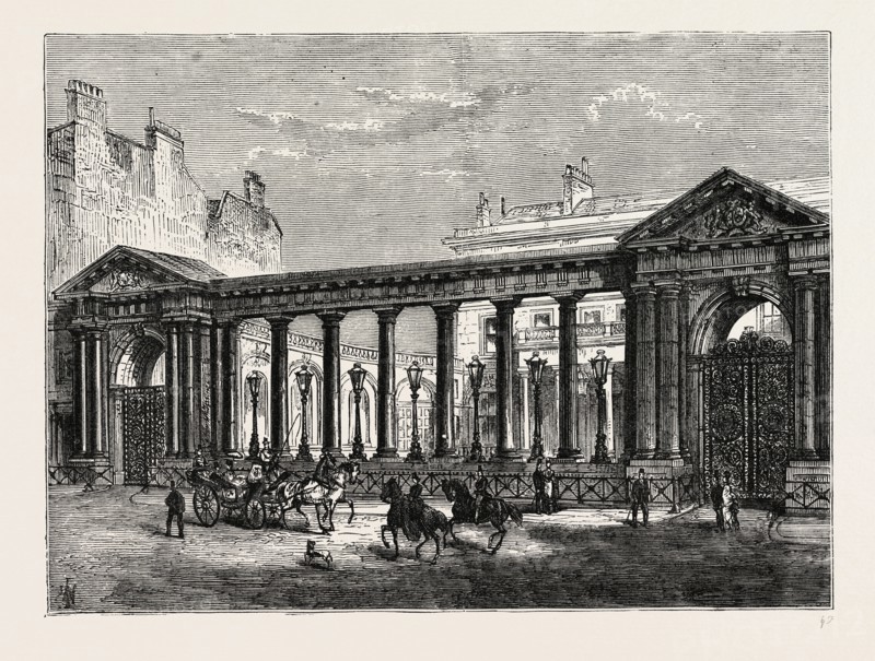 THE FRONT OF GROSVENOR HOUSE. London, UK, 19th century engraving
