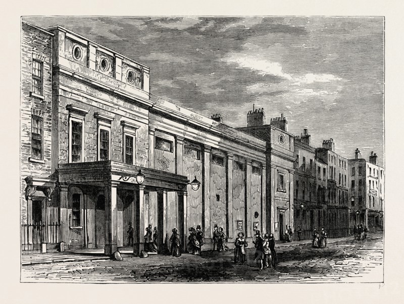 EXTERIOR OF THE TOTTENHAM STREET THEATRE, 1830. London, UK, 19th century engraving