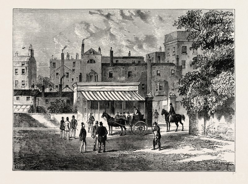ENTRANCE TO OLD "TATTERSALL'S." London, UK, 19th century engraving