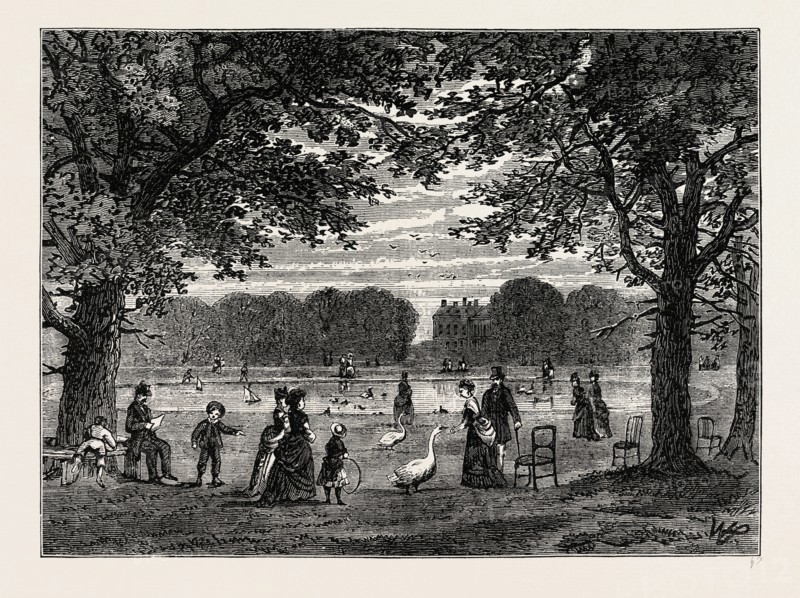 THE ROUND POND, KENSINGTON GARDENS. London, UK, 19th century engraving