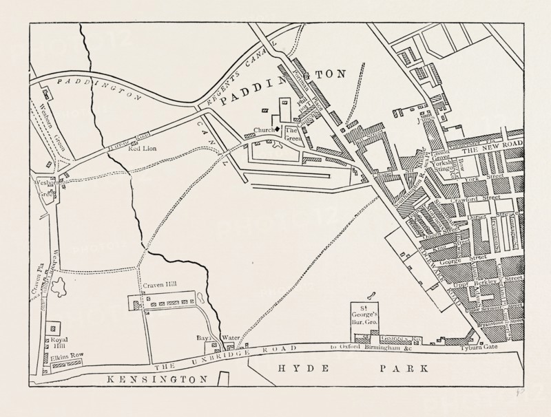 MAP OF PADDINGTON, IN 1815. London, UK, 19th century engraving