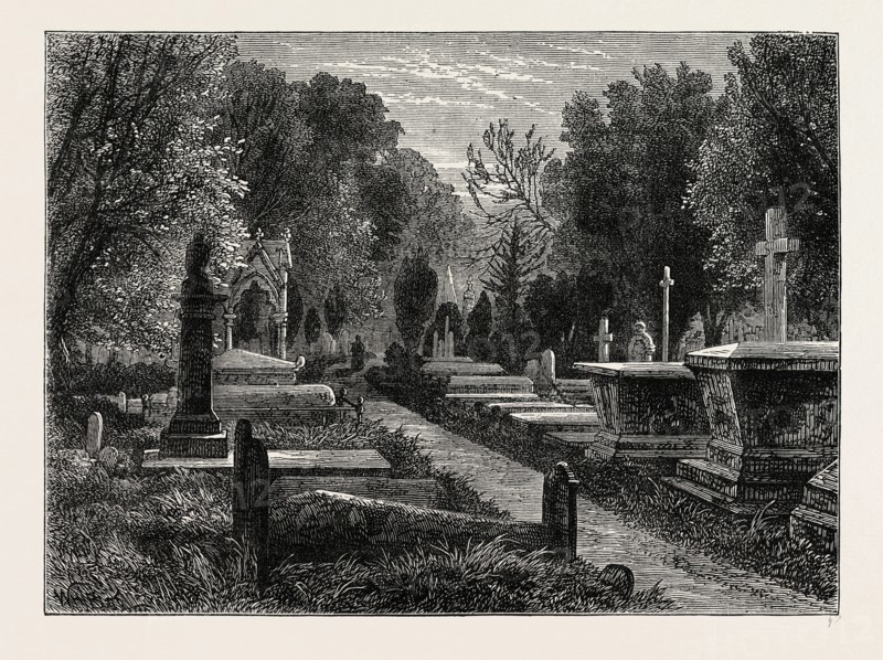 KENSAL GREEN CEMETERY. London, UK, 19th century engraving
