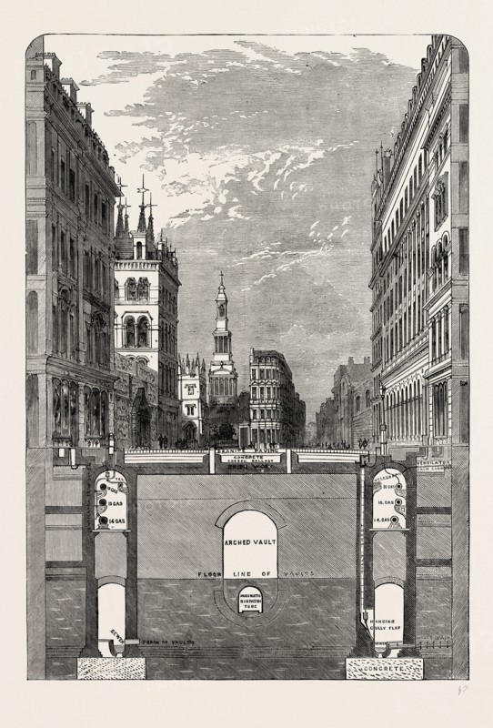 SECTION OF THE HOLBORN VIADUCT, SHOWING THE SUBWAYS. London, UK, 19th century engraving