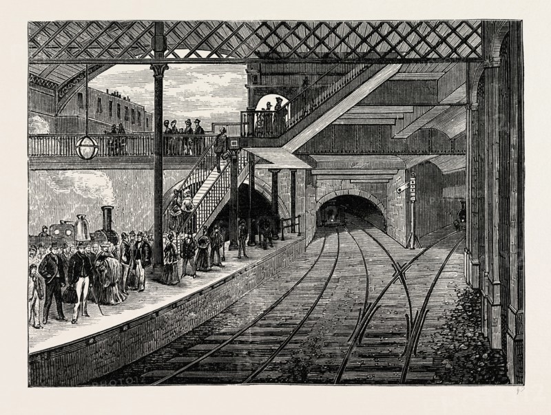 KING'S CROSS UNDERGROUND STATION IN 1868. London, UK, 19th century engraving