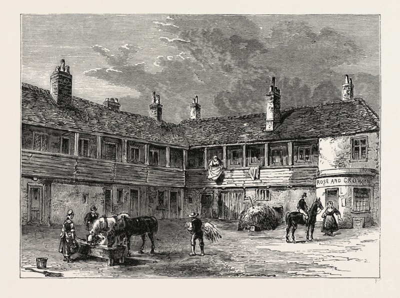 COURT-YARD OF THE "ROSE AND CROWN," 1820. London, UK, 19th century engraving