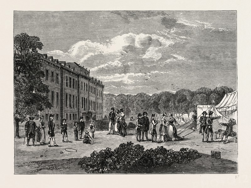 ENCAMPMENT IN THE GARDENS OF MONTAGU HOUSE, 1780. London, UK, 19th century engraving