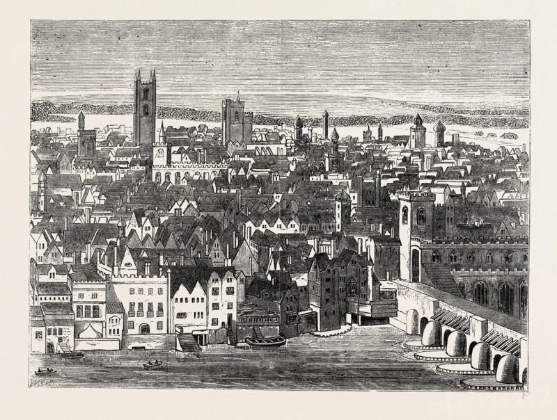 THE NEIGHBOURHOOD OF LONDON BRIDGE. From Hollar's View. London, UK, 19th century engraving
