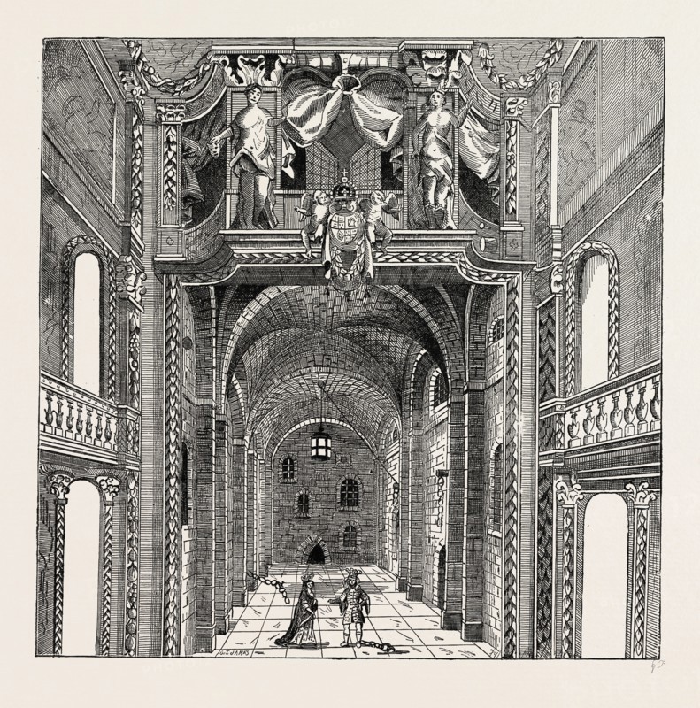 INTERIOR OF THE DUKE'S THEATRE. From Settle's "Empress of Morocco."  London, UK, 19th century engraving
