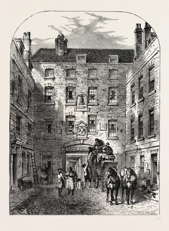OUTER COURT OF LA BELLE SAUVAGE IN 1828  London, UK, 19th century engraving