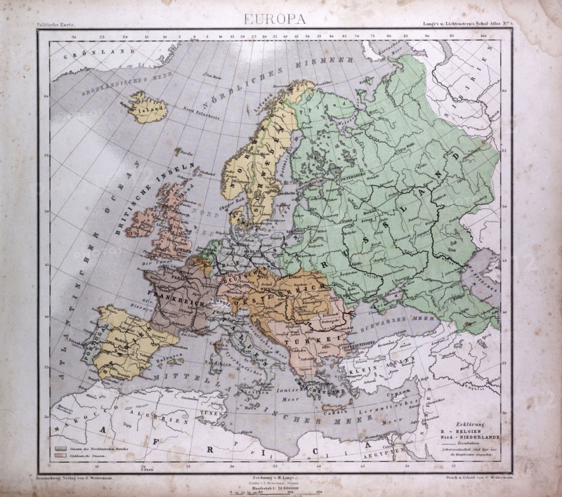 Europe, Europa, atlas by Th. von Liechtenstern and Henry Lange, antique map 1869