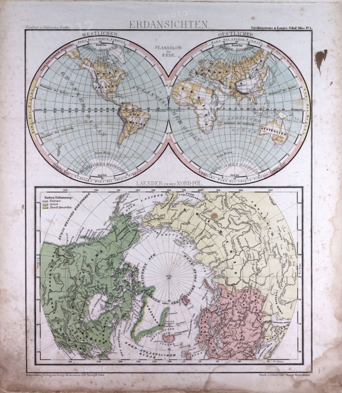 Earth Map, atlas by Th. von Liechtenstern and Henry Lange, antique map 1869