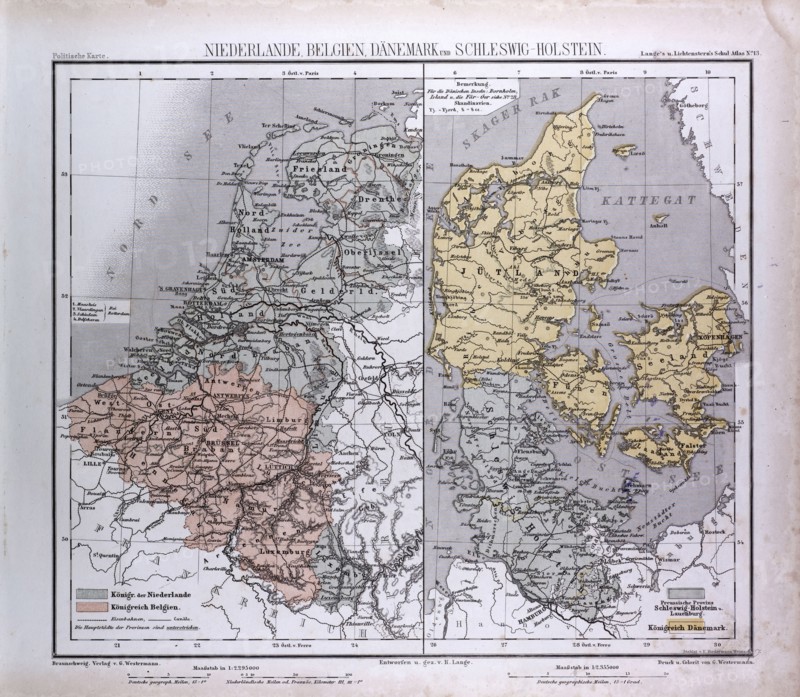 The Netherlands, Belgium, Danmark, Schleswig-Holstein, atlas by Th. von Liechtenstern and Henry Lange, antique map 1869