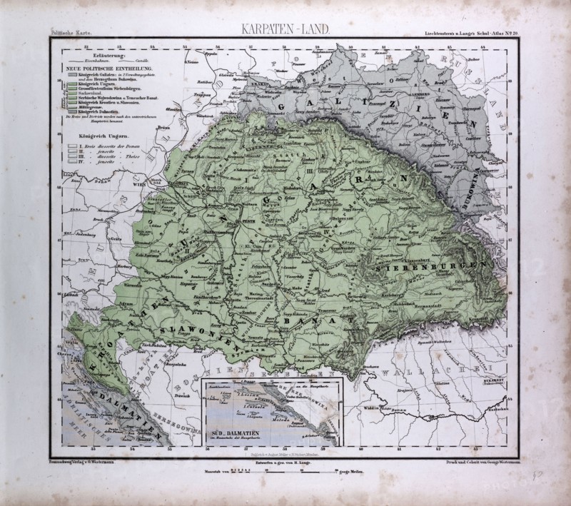 Carpathian Mountains, Karpaten, Karpaty, Atlas by Th. von Liechtenstern and Henry Lange, antique map 1869