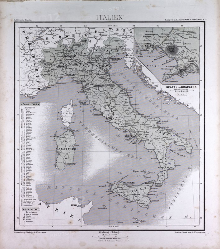 Italy, atlas by Th. von Liechtenstern and Henry Lange, antique map 1869